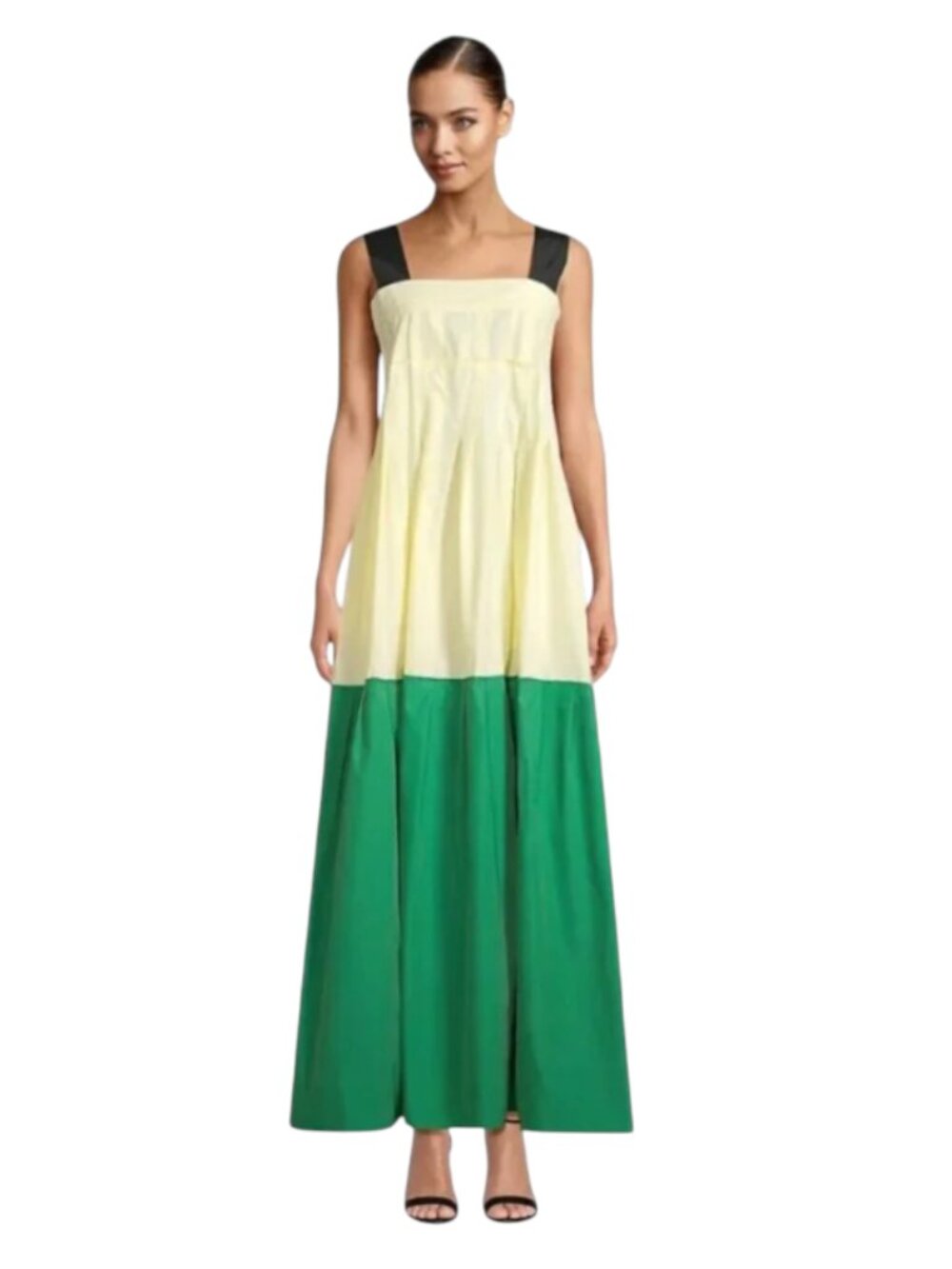 Plan C Colorblock Maxi Dress Womens 36 XS Green Yellow Black Tiered Sleeveless